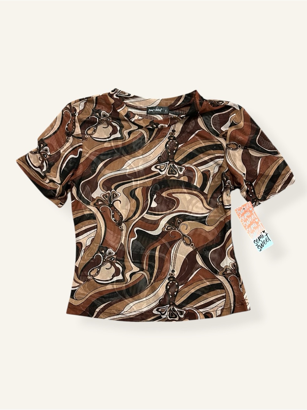 Semi Sweet Brown Marble Swirl Sheer Mesh Top Mock Neck 70s Retro Y2K NWT
